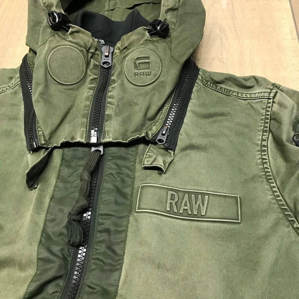 G Star Raw Bomber Jacket Mens Size S Green Submarine HDD Military Hooded Patches